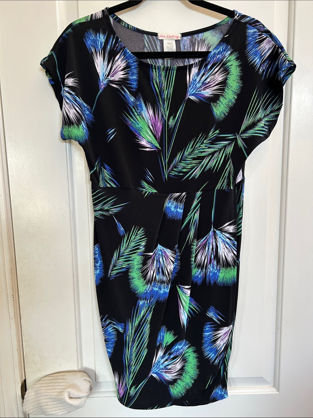 one clothing Black Short Sleeve Floral-Print Tee Dress with Blue & Green Accents
